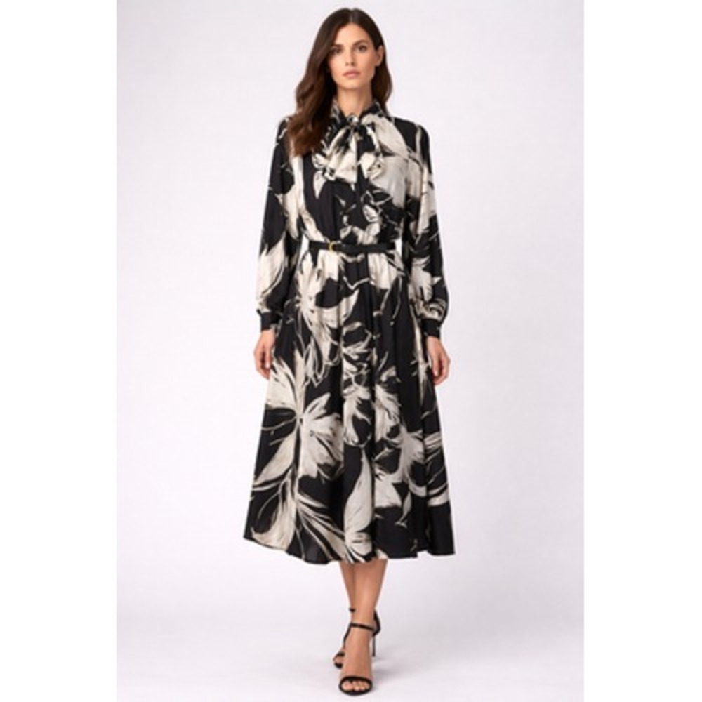 Donna Karan New York Dress Womens 4 Black Floral Belted Tie Neck Long Sleeve